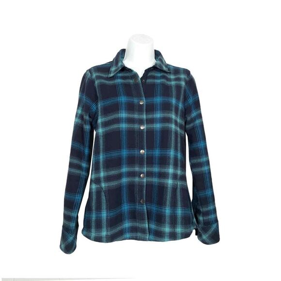 Orvis Shirt Jacket Fleece Women Flannel Snap Front Side Pockets Blue Plaid Small - Picture 1 of 7